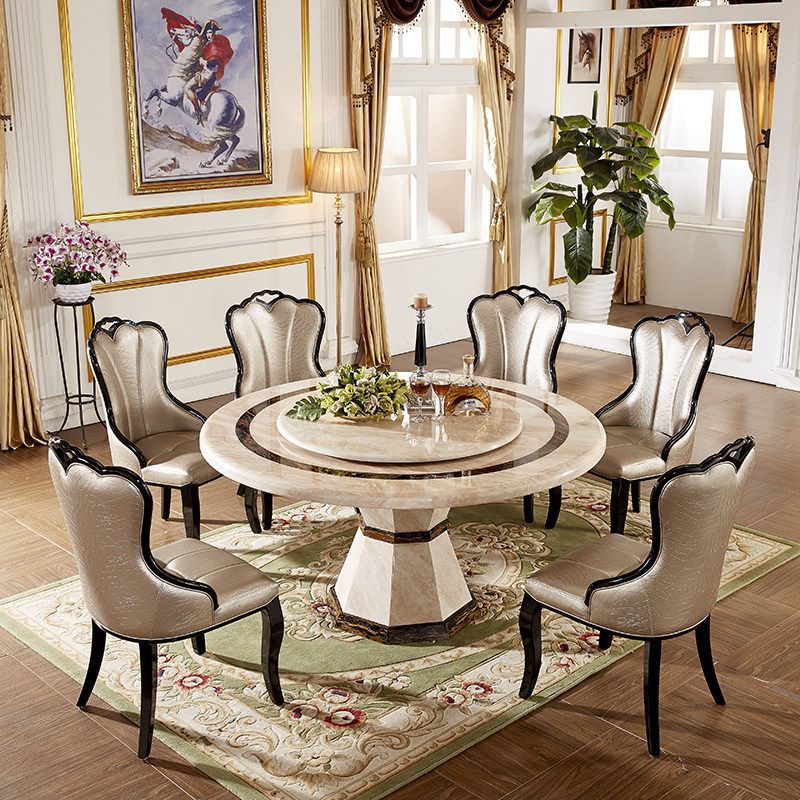 大理石圆桌家用圆台欧式餐桌椅组合带转盘小户型别墅圆形桌子