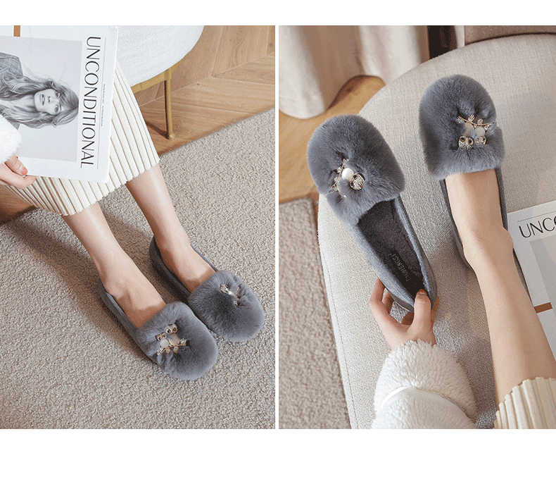Giày lười nữ lông mềm giữ ấm cổ thấp đế bệt chống trơn trượt — Màu xám, Màu đen chi tiết 15