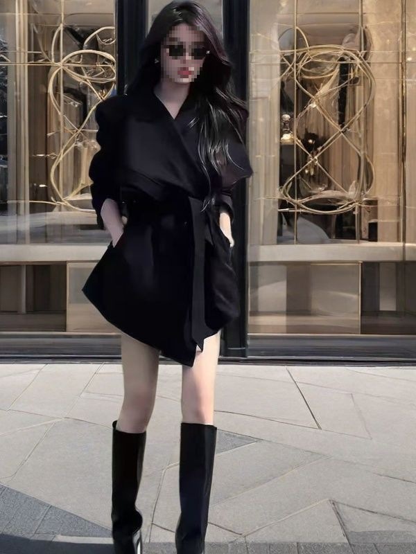 Women's Trench Coat with a High-Waisted Design, Khaki Color, Large Lapel, and Tie Waist, Slimming Effect, New Autumn Style