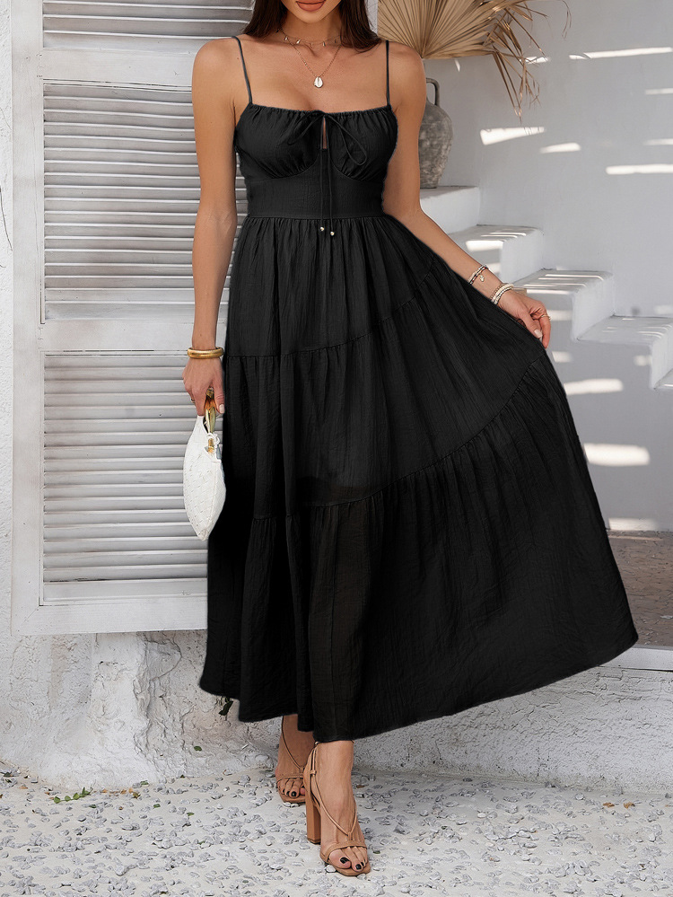 Spring Summer Vacation Solid Color High Waist Sling Dinner Dress Women Clothing