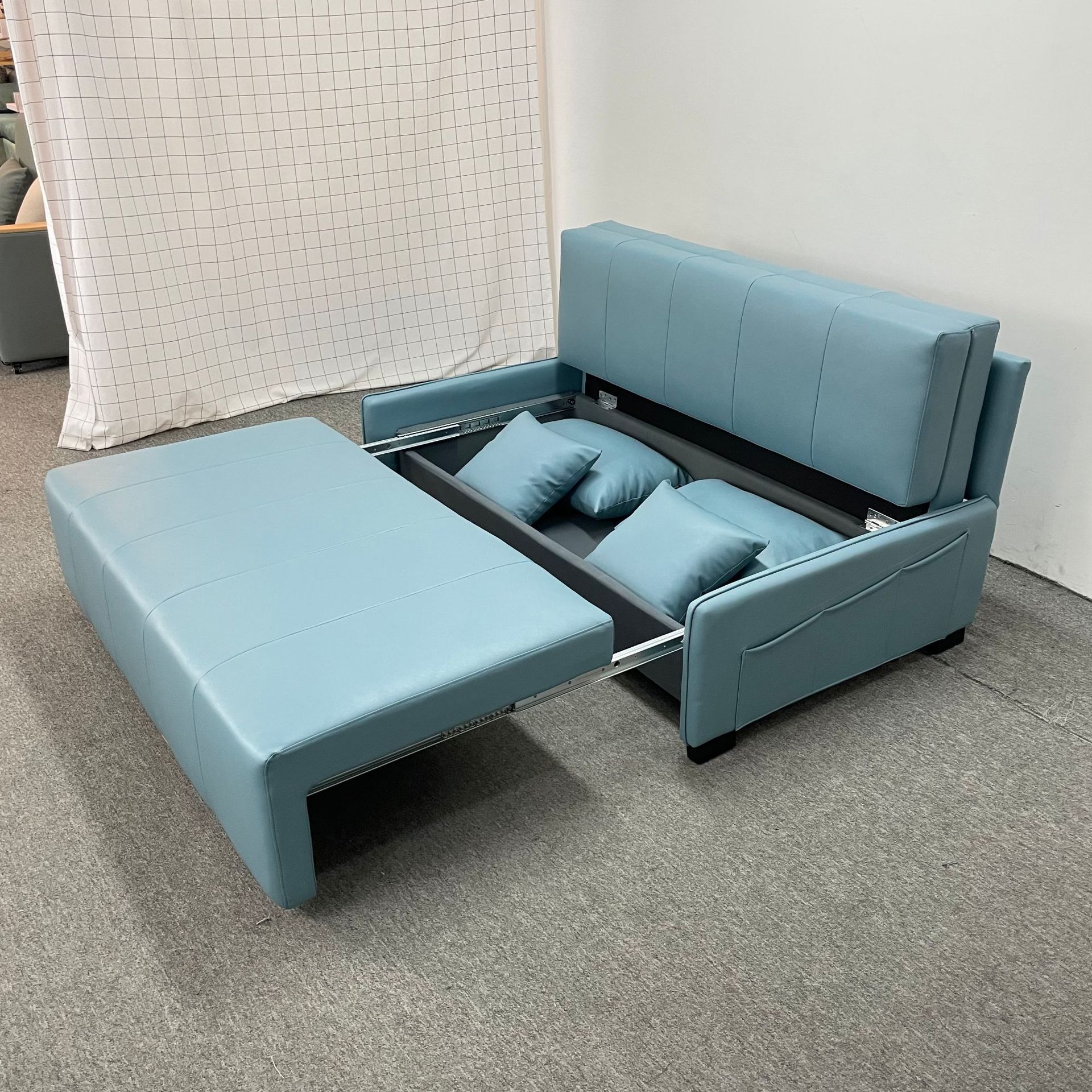 Sofá cama multifuncional de estilo de cuero para sala de estar y dormitorio de doble uso con almacenamiento