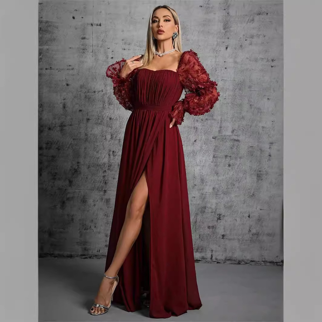 Vestido de noche transfronterizo de Amazon, nuevo vestido elegante y moderno de manga larga con cuello cuadrado de malla para mujer, envío directo de una sola pieza