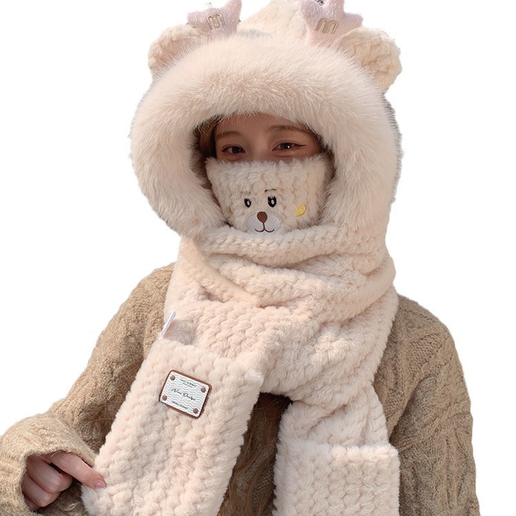 (2개) 모자 여성의 가을과 겨울 귀여운 드래곤 뿔 푹신한 모자 두꺼운 따뜻한 스카프 원피스 후드 스카프 장갑 3 피스 세트