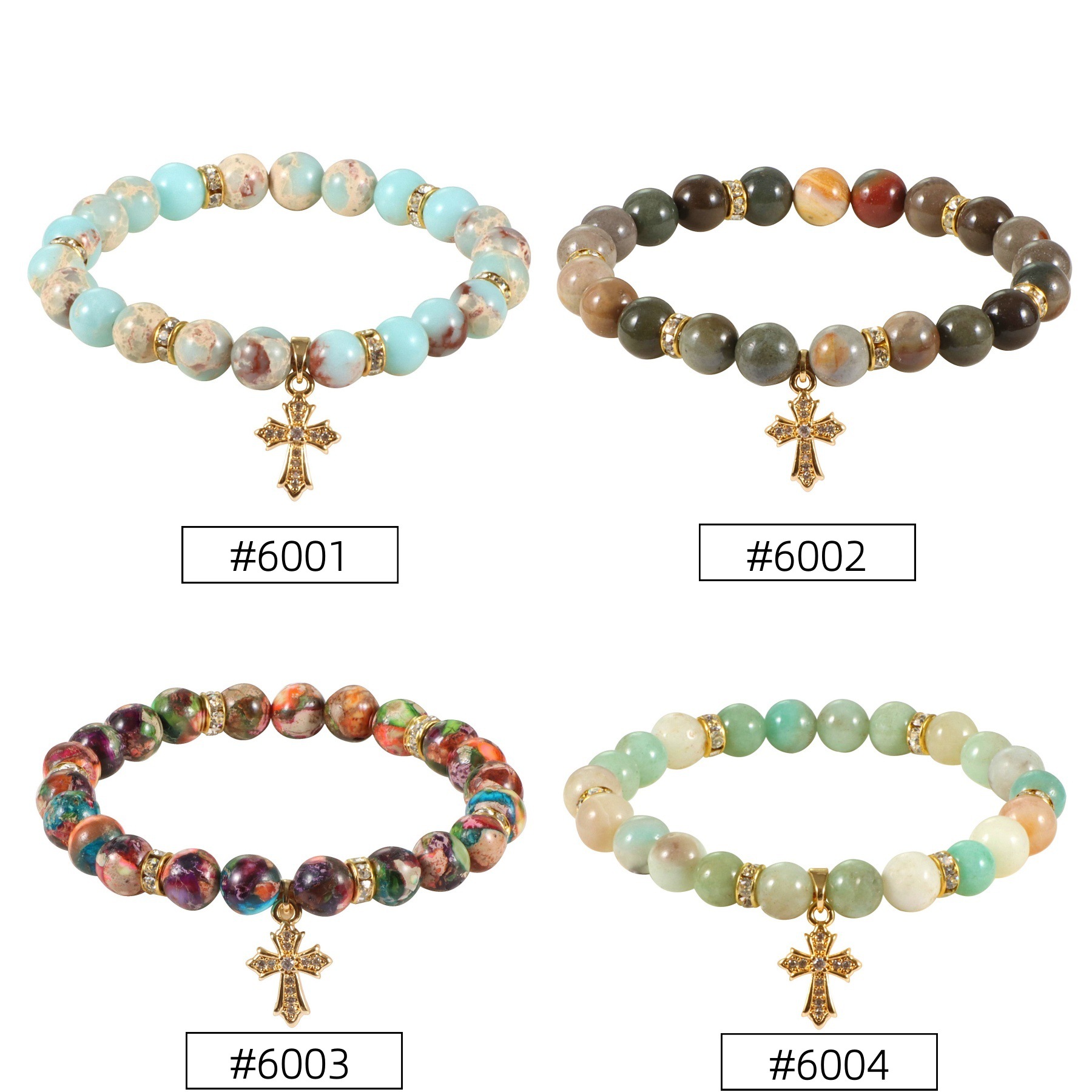 亚马逊热卖手链外贸跨境手串8m帝皇石亚马逊石弹力手串金色十字架