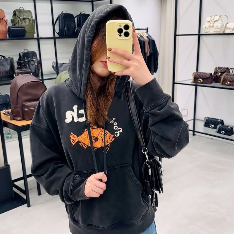 Koujia Ch Autum New Women's Bubble Fish Print Letters Loose Casual Versatile Trendy Brand Hoodie