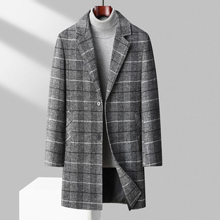 Autumn and Winter Cross-border Woolen Coat Men's Middle and Long Business Casual Plaid cotton and thickening Woolen Coat