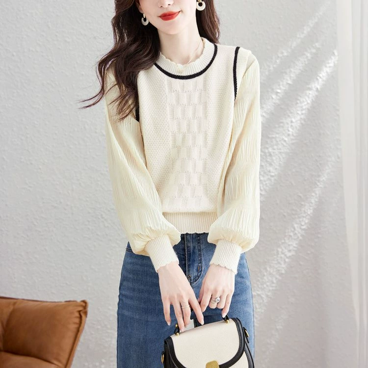 Симпатичный сладкий Топ для женщин 2024 Весна и осень Новый элегантный тонкий свитер для похудения в западном стиле с длинным рукавом