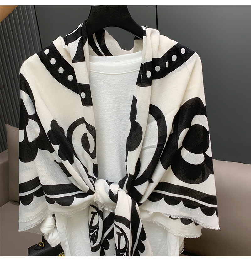 Schwarz weiß kontrast farbe kamelie elegante muster große schal für frauen design sinn, frühling und sommer sonne_voghion.com