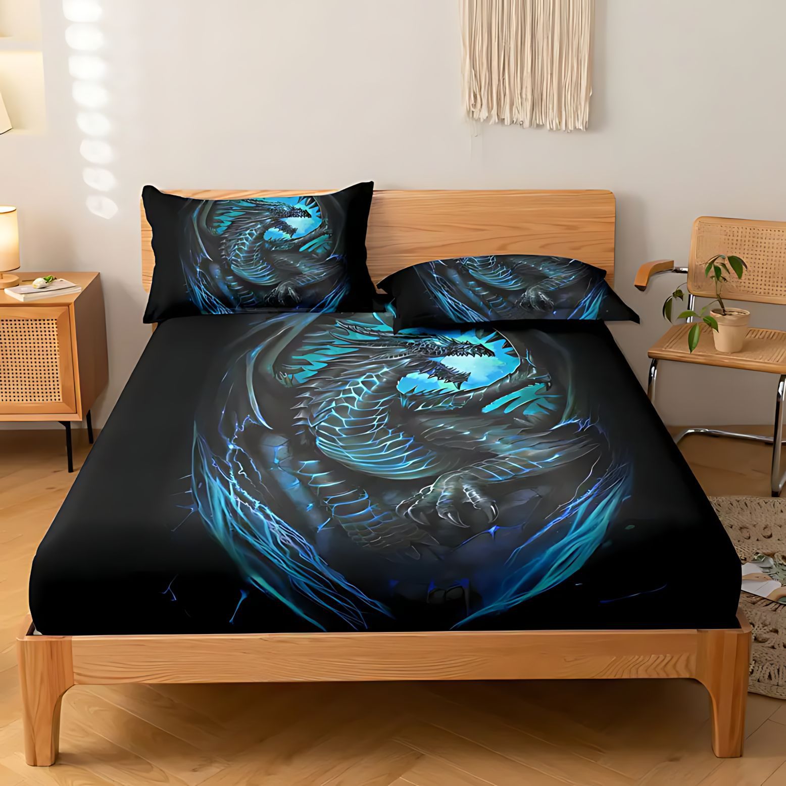 TEMU / JIT multicolor cool dragón de impresión digital 3D cama de cama de cama kit de almohada exclusivo a través de la frontera