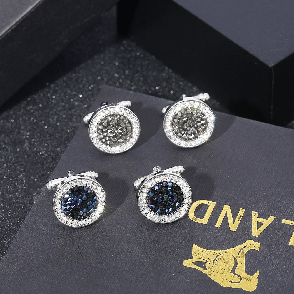 [temu新品欧美热卖创意圆形镶钻水晶玛瑙袖扣法式衬衫袖钉cufflink]