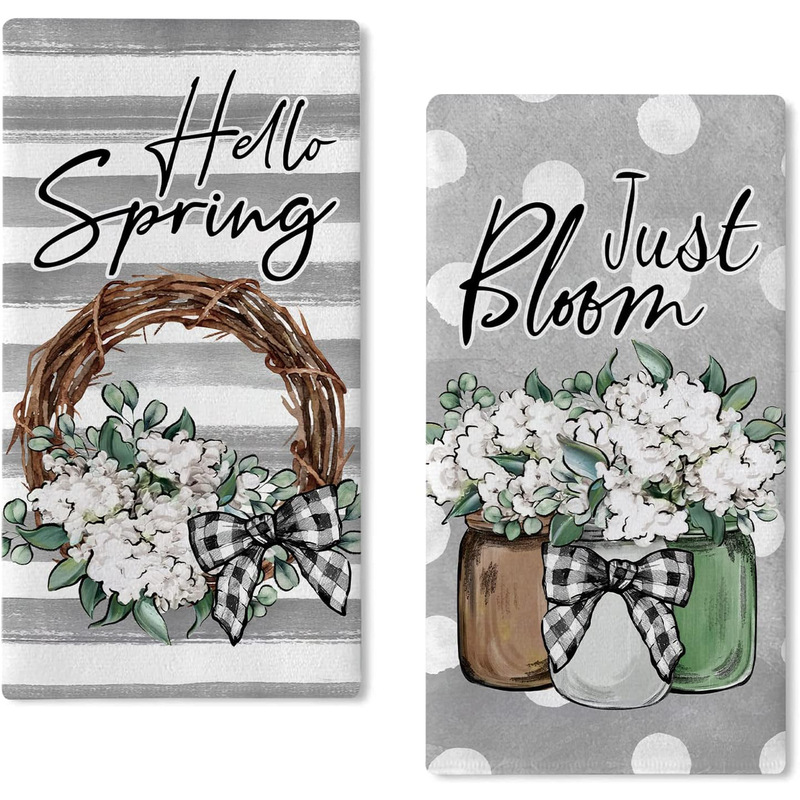 Spring hydrangea kitchen dish towel eucalyptus leaf vase hand towel baking cooking cloth seasonal home kitchen decoration