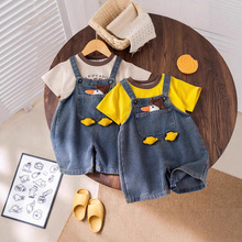 外贸2025新款童套装夏装男童装牛仔背带卡通小鸭子T恤衫牛仔裤套