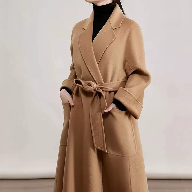 2025秋冬经典浴袍款米白杏色大口袋宽松中长款双面羊毛羊绒大衣女