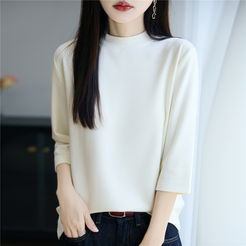 2025年早秋新款棉线半高领针织衫七分袖女磨毛纯色宽松打底衫上衣|undefined