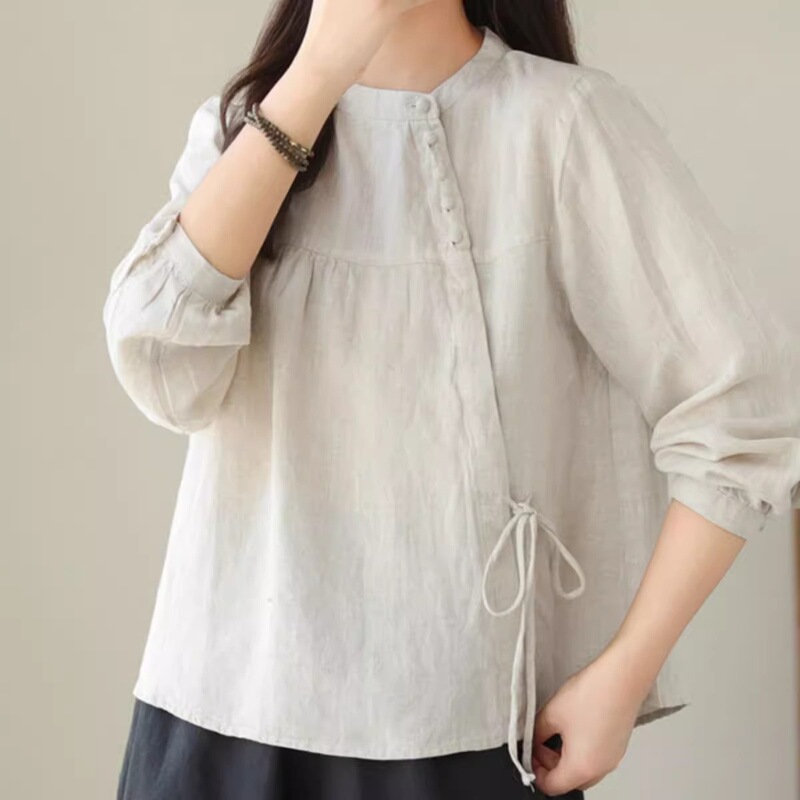 Artistic Retro Style Diagonal Collar Tie Cotton-Linen Shirt for Women, Autumn Plus-Size Loose Fit Slimming Design Long-Sleeve Top Artistic Retro Style Diagonal Collar Tie Cotton-Linen Shirt for Women, Autumn Plus-Size Loose Fit Slimming Design Long-Sleeve Top