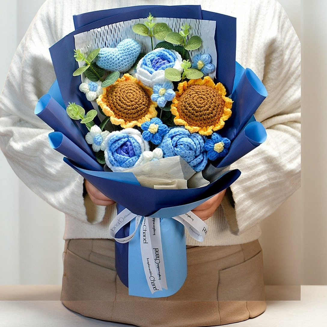 Ramo de lana femenina de cumpleaños, producto práctico terminado, tulipán rosa, ganchillo hecho a mano, paquete de material de bricolaje al por mayor