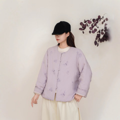 秋冬新款文艺复古棉麻刺绣圆领对襟绗棉宽松短款外套包扣森女系棉