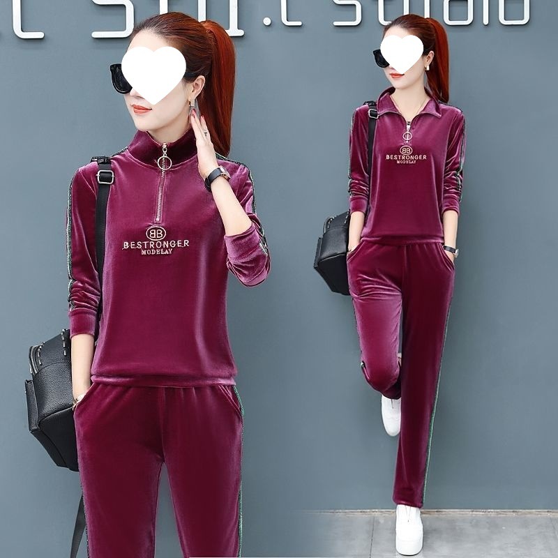 873 # Gold Velvet Suit Women's Fashion 2025 New Spring & Fall European and American Stand-Up Collar Casual Sportswear Sweatshirt Two-Piece Set