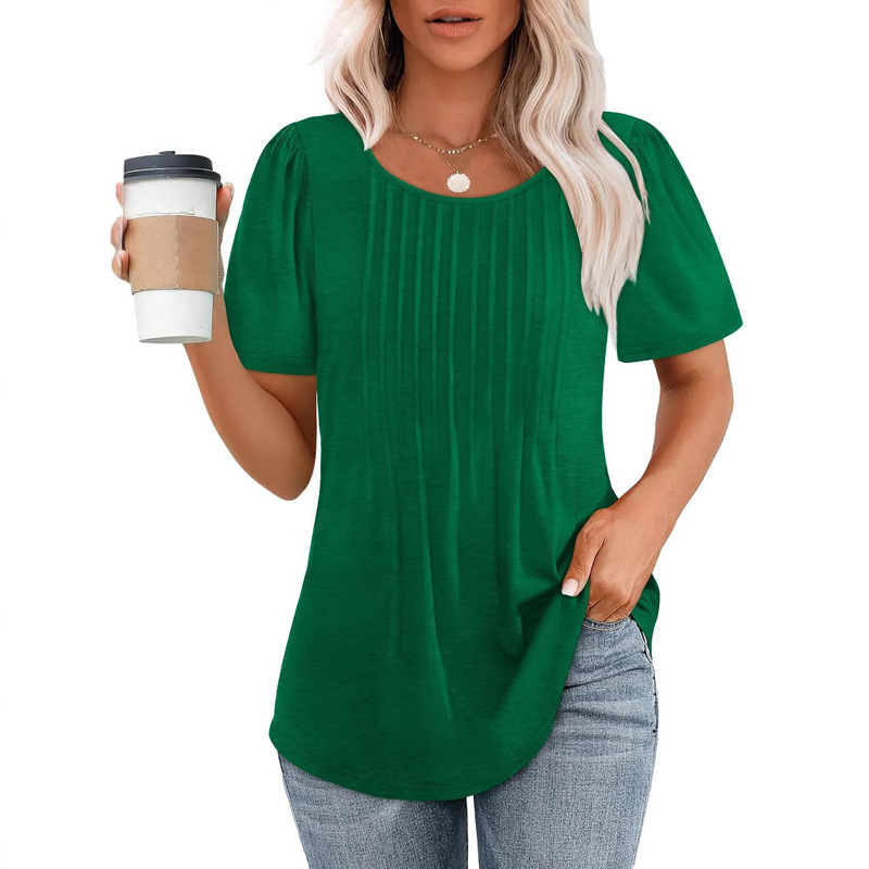 2025 アマゾン貿易ルーズヨーロッパとアメリカの新しいスタイルのプリーツラウンドネック半袖 Tシャツレディーストップストリップ無地婦人服|undefined
