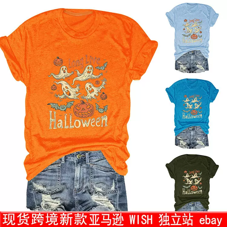 现货外贸夏季女装long live hallomeen南瓜灯万圣节短袖T恤字母