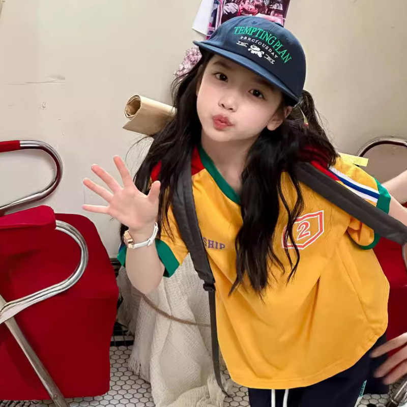 Tckids Summer Unisex Retro American Style Patchwork Color-Block Short-Sleeve T-Shirt