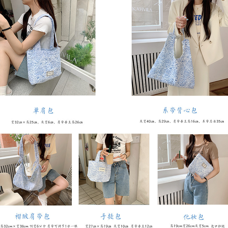 Wholesale of 25244 Jacquard blue rose large-capacity portable bags, clutch bags, storage bags, ladies' tote handbags Specification drawing