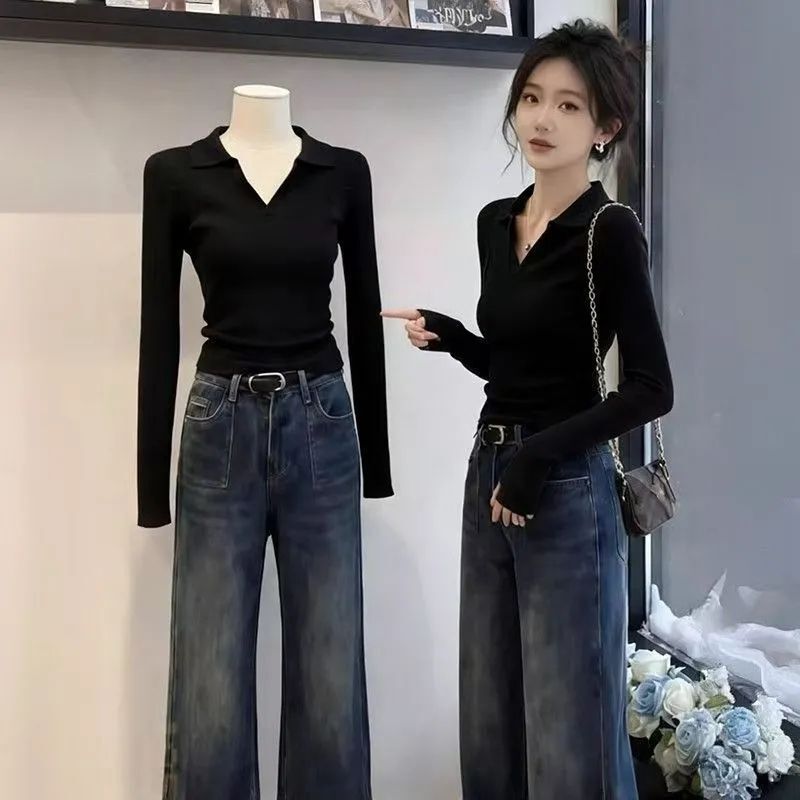 POLO collar long-sleeve T-shirt for women, 2026 new early autumn collection, slim-fit, high-end design, niche inner layer, cotton top for women POLO collar long-sleeve T-shirt for women, 2026 new early autumn collection, slim-fit, high-end design, niche inner layer, cotton top for women