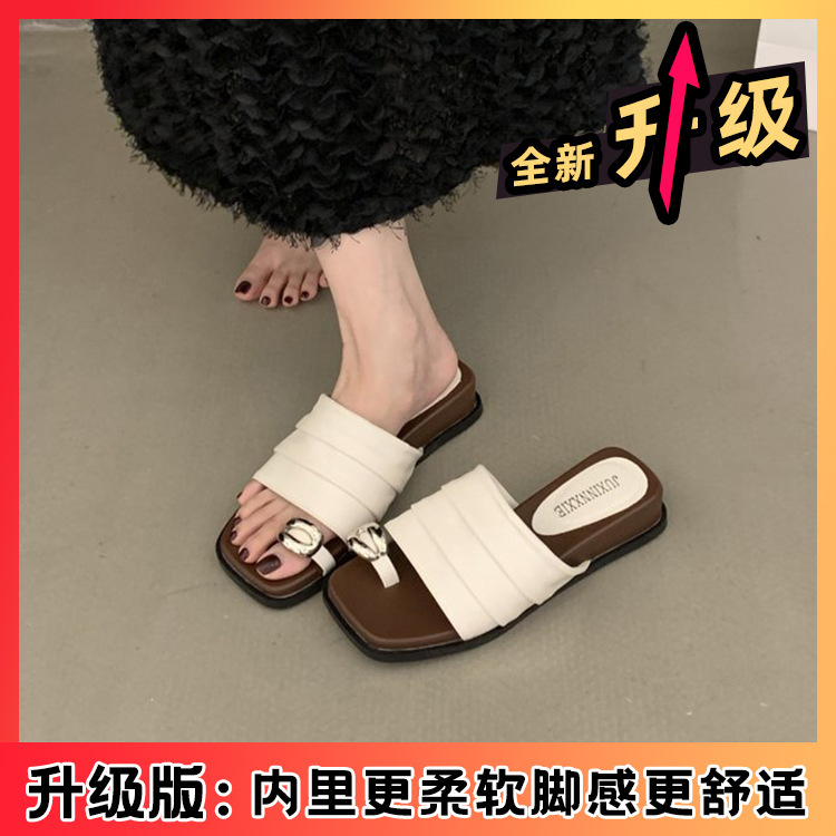 褶皱一字带坡跟拖鞋女夏外穿2025秋新款仙女风女鞋套趾凉拖鞋低跟|undefined
