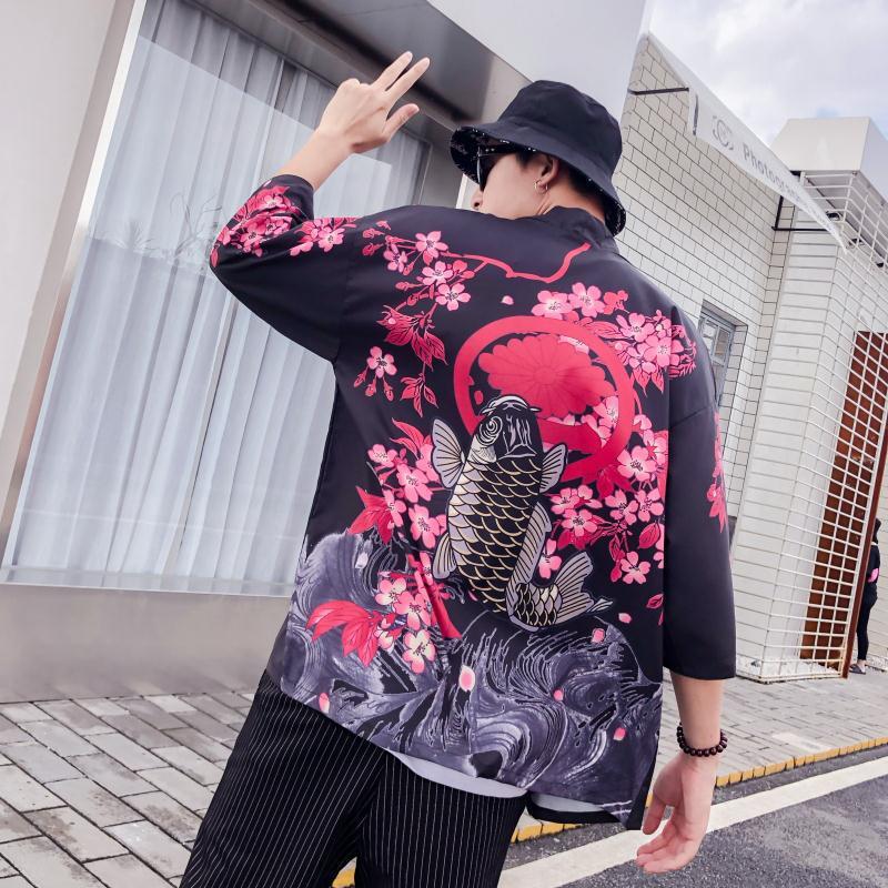 Estilo japonés retro oscuro ukiyo-e robe cardigan kimono hombres y mujeres estilo chino suelta 3/4 manga camisa abrigo moda