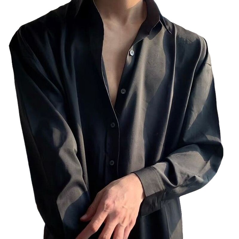 Seda de hielo prohibida INS elegante drapeado casual no planchar camisa negra blanca camisa de hombre Ruan Shuai estilo coreano Suelto