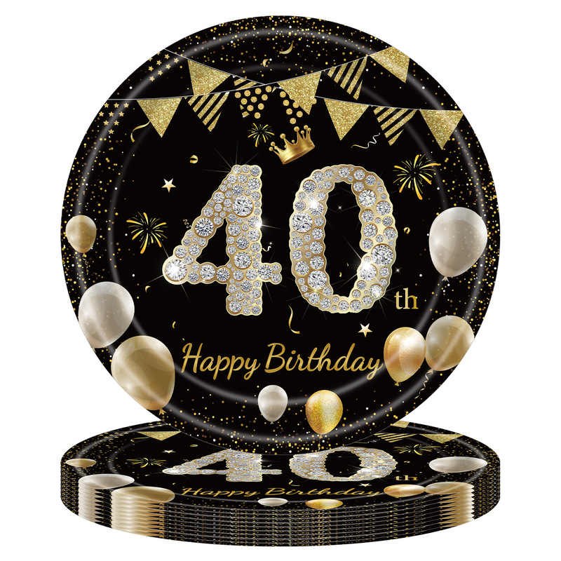 黑金周岁生日派对纸盘21岁30岁100岁纪念日一次性餐盘纸巾桌布|undefined
