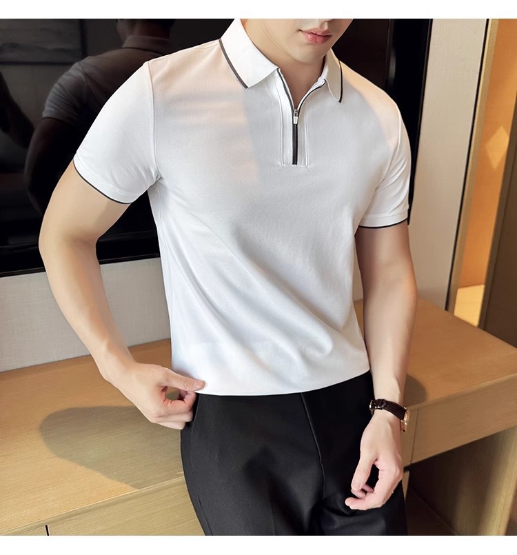 "Men's Slim-Fit Zip Polo Shirt – Breathable Cotton Short Sleeve With Embroidered Detail, Business Casual Summer Top (3 Colors, Sizes M-XXXXL)"_viptrois.com