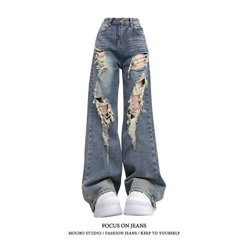 American High Street Design Ripped Jeans for Women, New Summer Style, Retro High-Waisted Straight Loose Fit, Slimming Wide-Leg Pants