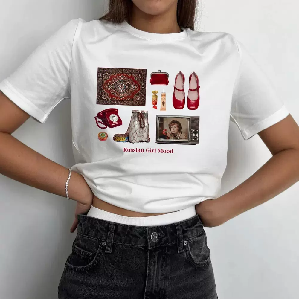 夏季女装上衣T恤衫复古卡通图案印花街头潮流圆领短袖T恤ozon热卖