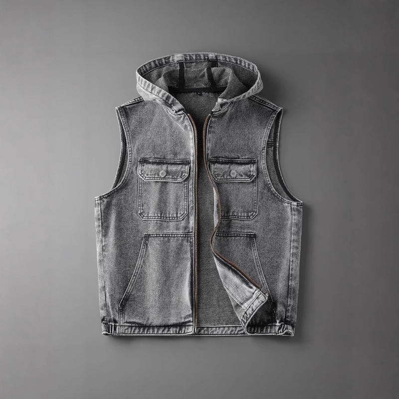 American-Style Hooded Denim Vest for Men, Trendy Summer Vintage Loose Biker Zipper Stylish Vest Jacket