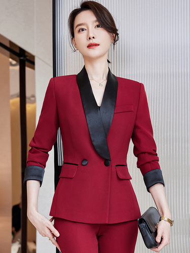 酒红色西装套装女士春秋女装气质名媛职业显瘦高级感主持人两件套
