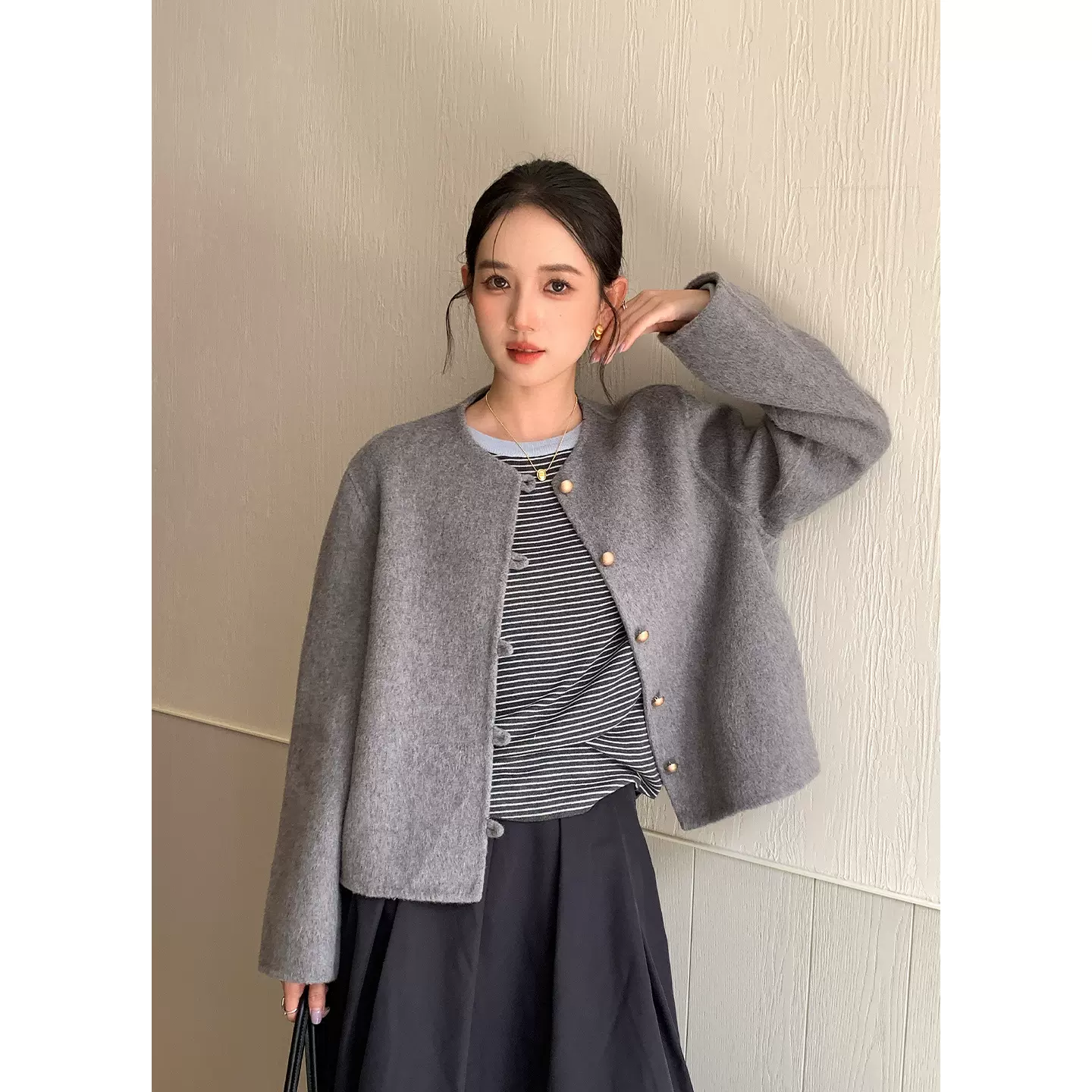 衣尔衫  国风 羊毛质感双面呢外套女高级感圆领新中式短款0593