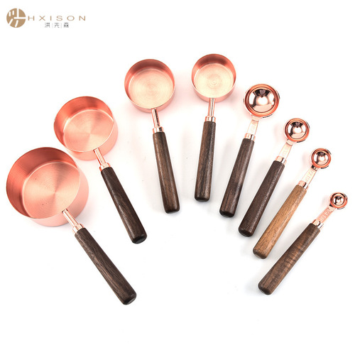 Cross-border stainless steel copper-plated measuring cup measuring spoon 8-piece set walnut handle rose gold 4-piece measuring cup measuring spoon Amazon
