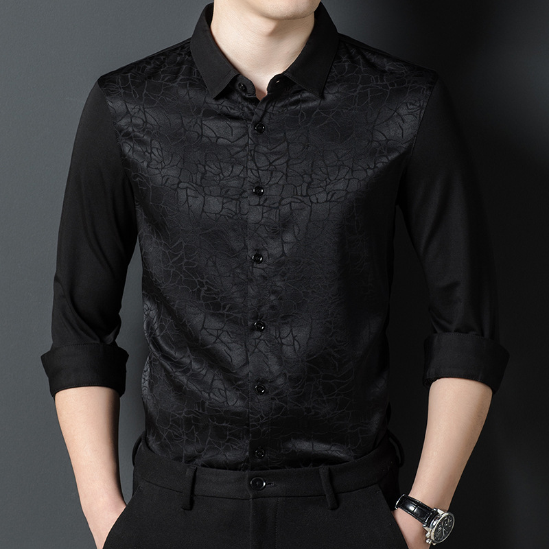 Dark pattern mulberry silk long-sleeved shirt men's spring and autumn business casual silk shirt Korean style trendy shirt top