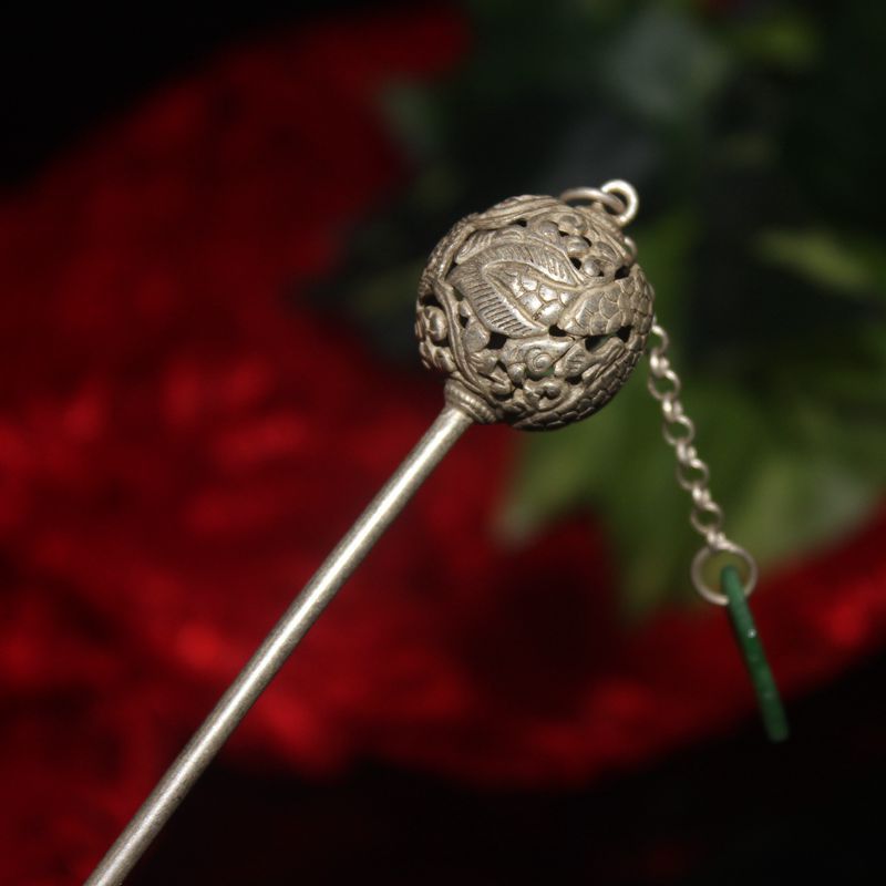 古玩杂项白铜镀银复古龙珠簪子汉服古风搭电视道具