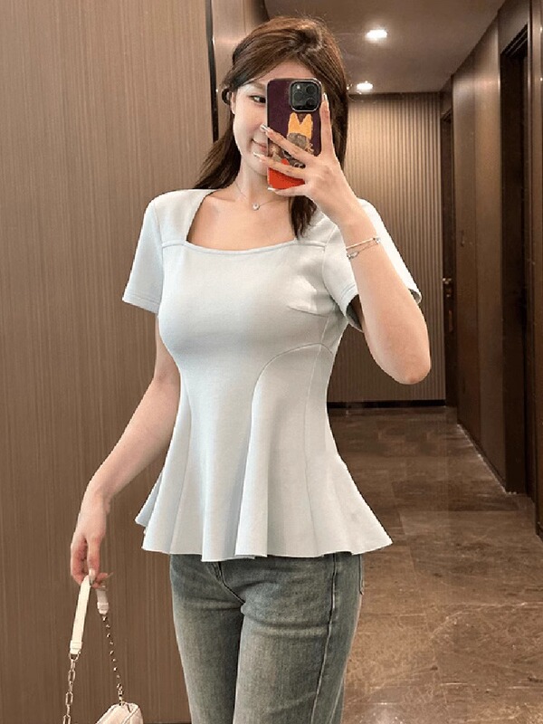 120kg 大きいサイズスクエアネックショルダー半袖 Tシャツ女性の夏の太った mm お腹カバー痩身フリルトップフィッシュテールスカート|undefined