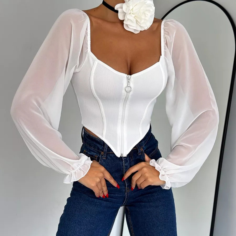 корсет с объемными chiffon long-sleeved top women's tight T-shirt chest wrap корсет с объемными chiffon long-sleeved top women's tight T-shirt chest wrap