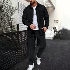 国境を越えたアマゾン春秋新作男性ワッフル純色長袖シャツ長ズボンカジュアルアウトドアスーツ