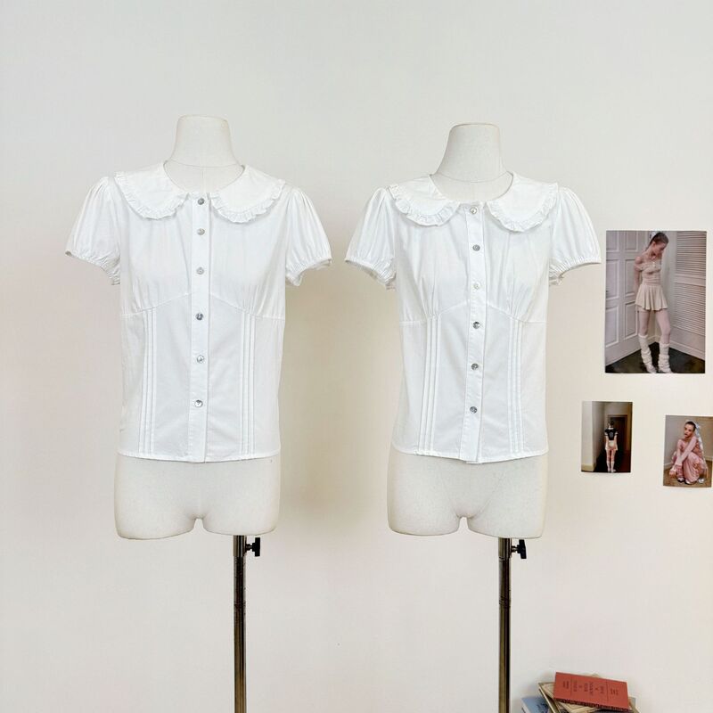 Lace Ruffle Doll Collar Shirt with Shell Buttons, Slim Fit Design, Short Sleeve T-Shirt for Summer Lace Ruffle Doll Collar Shirt with Shell Buttons, Slim Fit Design, Short Sleeve T-Shirt for Summer