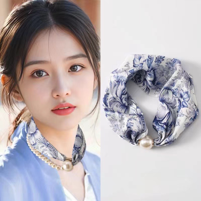 새로운 한국식 마그네틱 버클 진주 목걸이 실크 스카프 여성 순수한 핑크 봄과 가을 얇은 스카프