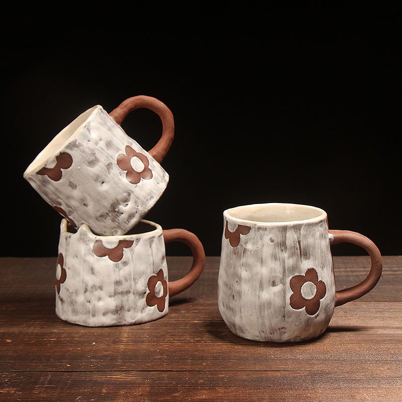 现代简约陶瓷马克杯厂家批发手绘可爱花朵日式治愈咖啡杯粗陶杯子