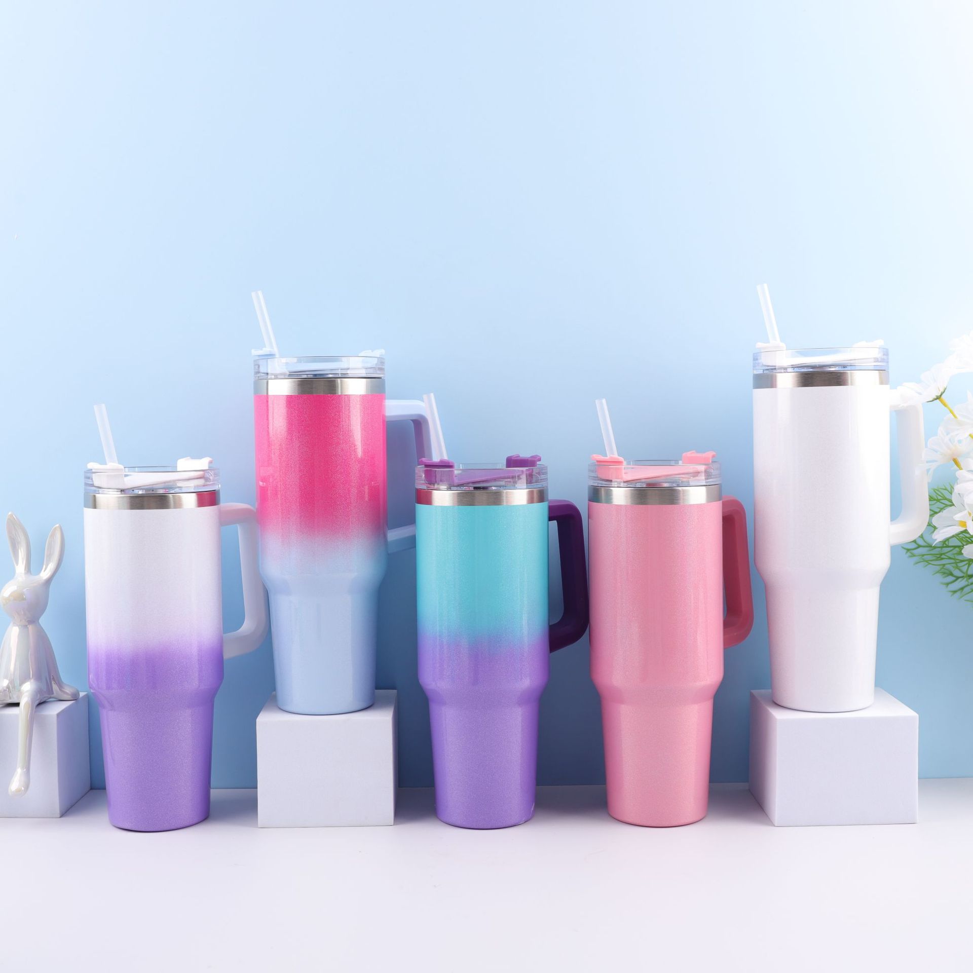Cross-border 304 pintura del arco iris de acero inoxidable 40Oz Taza del coche paja gradiente hielo escudo Copa montado en el coche de gran capacidad termo taza