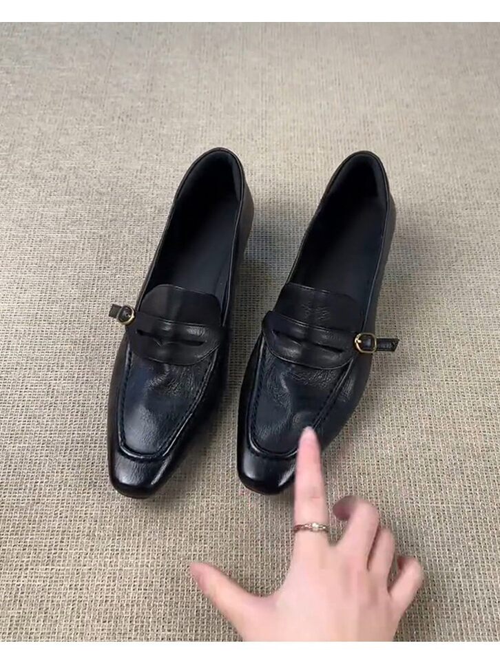 Giày lười nữ da bò mũi vuông gót thô 4 cm phong cách retro, khóa cài, giày công sở xỏ chân — Màu nâu (4cm) hàng có sẵn, Màu đen (4cm) hàng có sẵn chi tiết 4