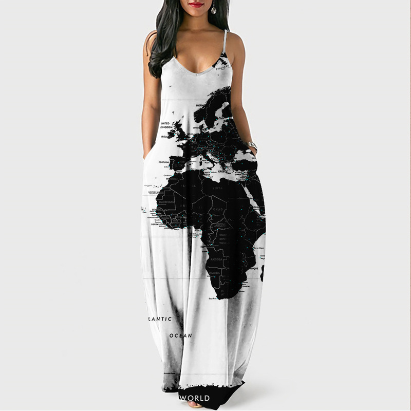 New Amazon Summer Cool Suspender Long Skirt Map Digital Printing Elegant Street Dress