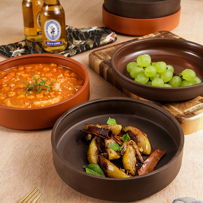 Factory new style stoneware round plate Japanese restaurant cooking plate hotel characteristic straight mouth swing plate retro salad plate